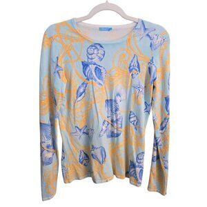 J. Mclaughlin Designer Seashell Yellow Blue  Button Sleeve Sweater Size S